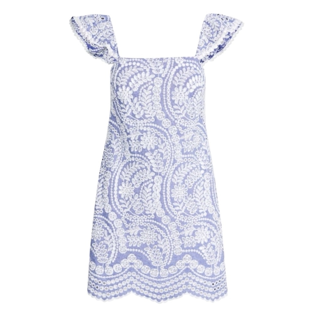 NWT Alice + Olivia Honor Flutter Sleeve Embroidered Denim Chambray Dress Size 6